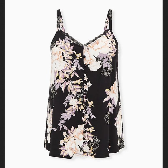 Torrid 4 4x Black Floral Studio Knit Lace Trim Button Front Swing Cami - Picture 1 of 3
